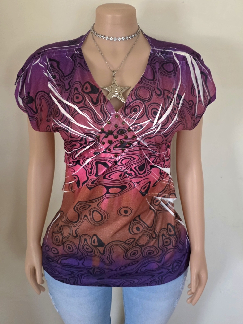 Cato Purple and Pink Abstract Print Short Sleeve Top